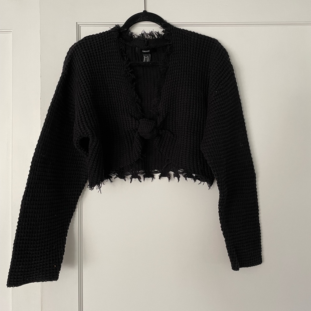 Black front tie crop distressed sweater